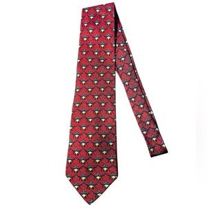 Paul Fredrick Italian Silk Hand-Tailored Tie Red Geometric Medallion 59.5”X3.75”